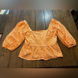 Slate&Willow Floral Orange And White Puff Sleeve Crop Top Tie Blouse Size XL B10